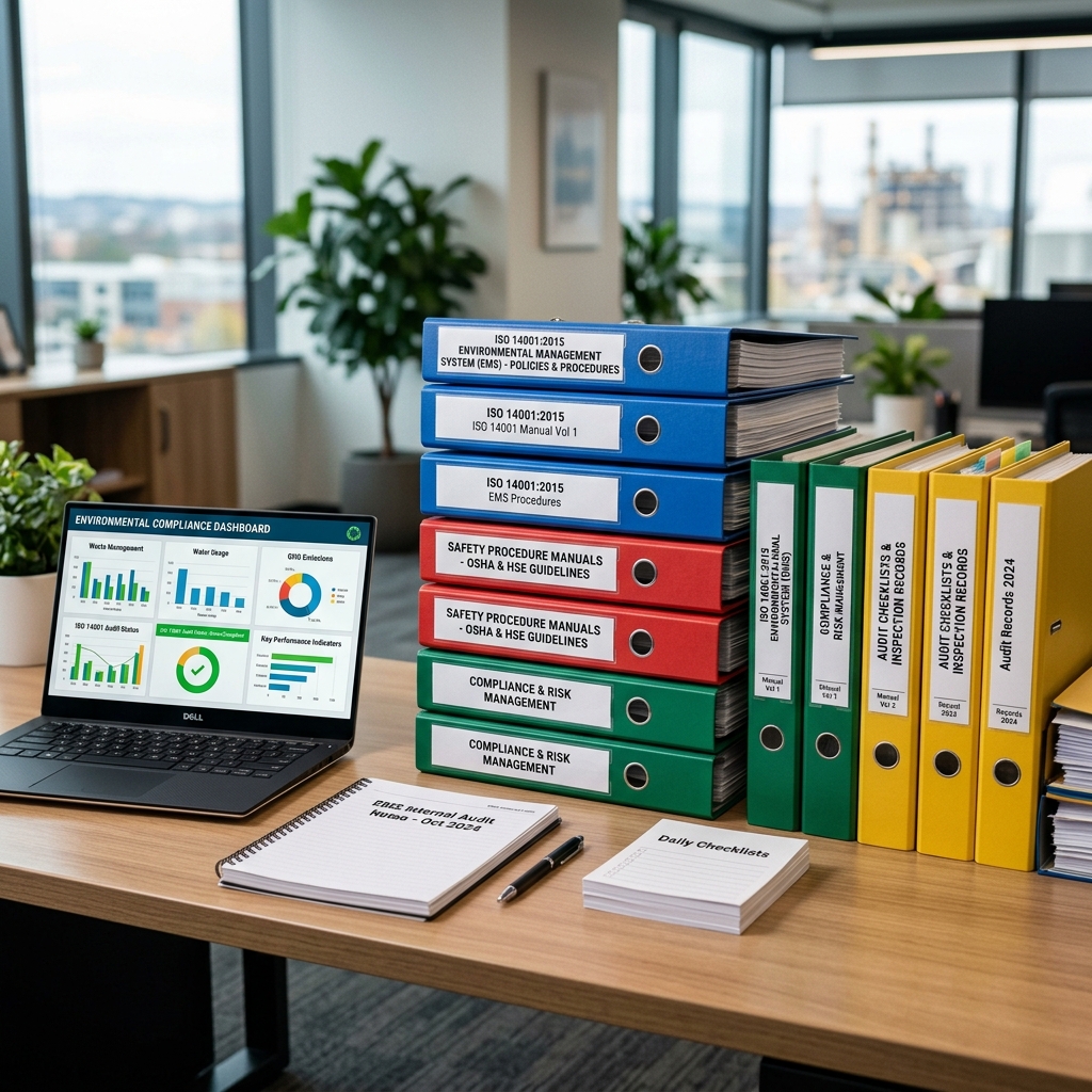 ISO Certification documentation and checklists on desk